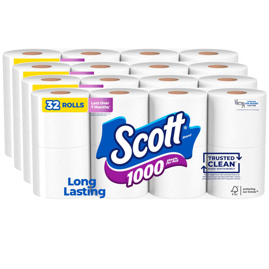 Scott 1000 Trusted Clean Toilet Paper, 32 Rolls, Septic-Safe, 1-Ply Toilet Tissue